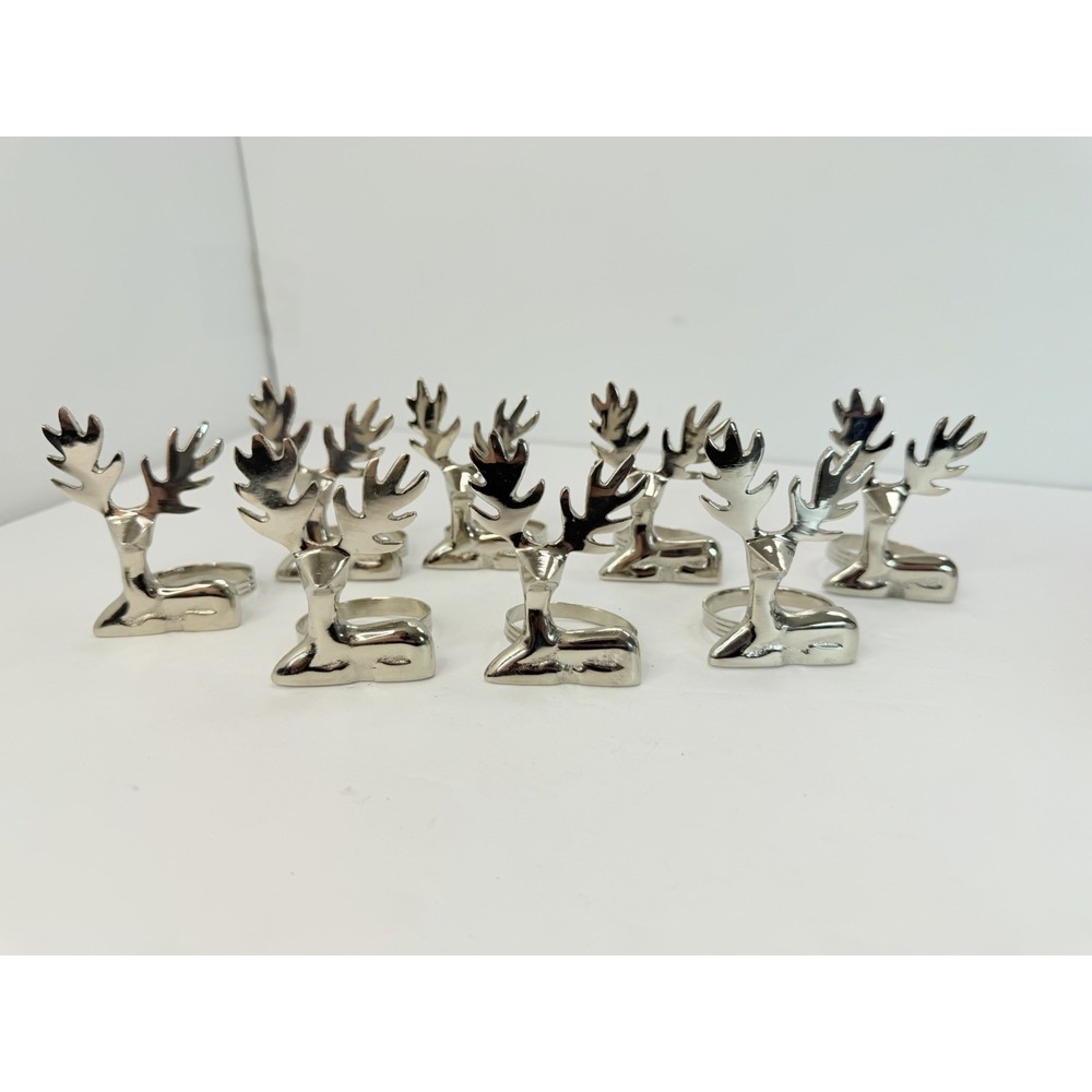 Silver Tone Stag Head Reindeer Napkin Rings Set 8 Holiday table  Christmas Decor
